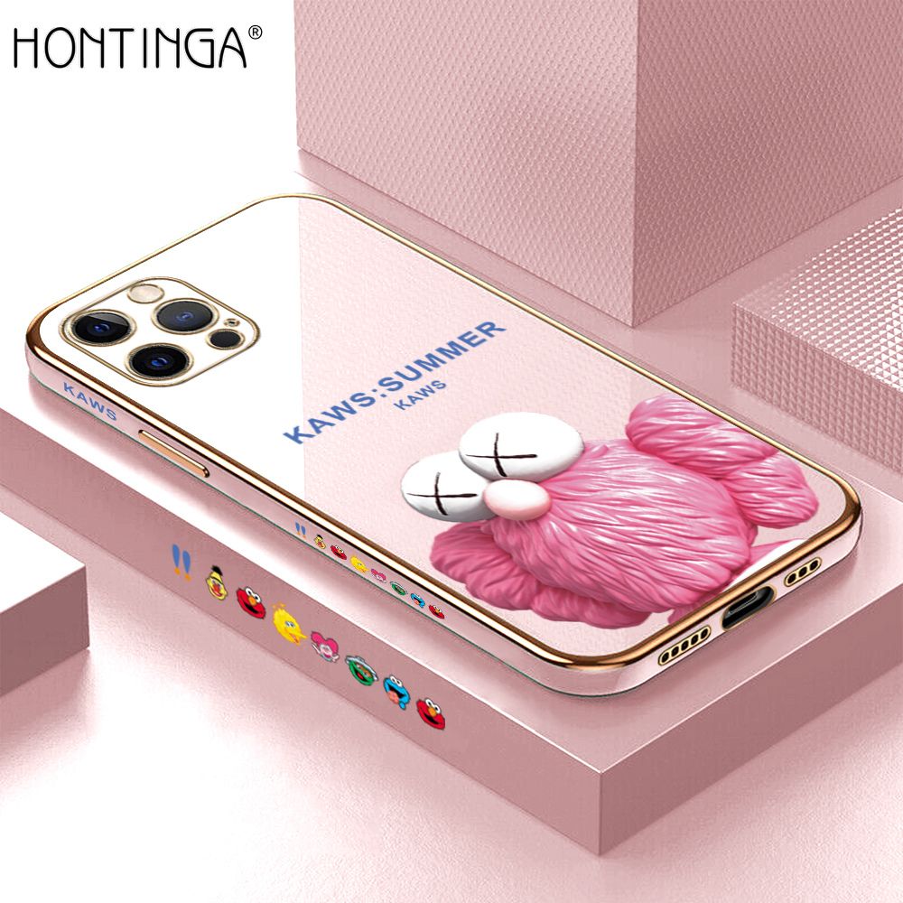 Hontinga for iPhone 12 Pro Luxury 6D Plating Soft Casing Silicone Square Frame Phone Case Shiny Bling Back Cover Pink Doll Side Pattern Case