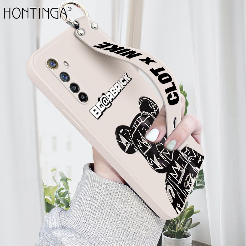 Hontinga for Realme 6 / Narzo Wrist Strap Case Fashion Black Brand Bear Phone Case Square Edge Liquid Silicone Cases Full Cover Camera Shockproof Protection Cases