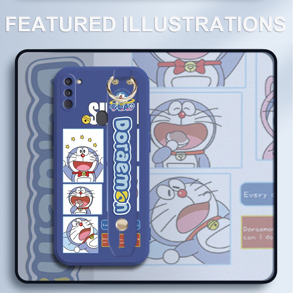 UCUC for Samsung Galaxy A11 Wrist Strap Case Creative Cartoon Doraemon's Daily Life Cover Ultra Thin Anti Fall Liquid Silicone Phone Case