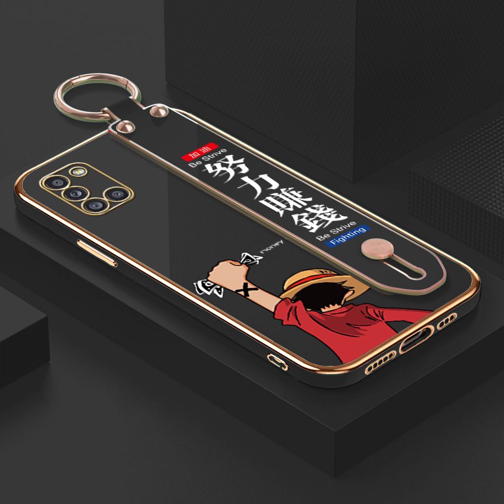 TA for Samsung A31 Wrist Strap Back Cover Struggle Luffy Fashion Luxury 6D Plating Soft Casing Silicone Square Frame Phone Case