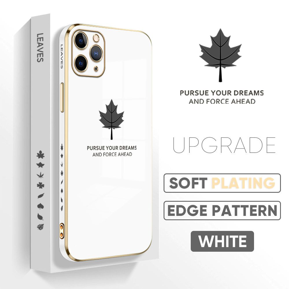 Jizetin (Free Lanyard) iPhone 11 Pro Luxury 6D Plating Soft Casing Silicone Square Frame Phone Case Shiny Bling Back Cover Maple leaf New design Side Drawing Case