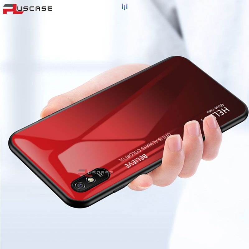 PlusCase for Xiaomi Redmi 9A Case Glass Hard Gradient Painted Shockproof Phone Back Cover