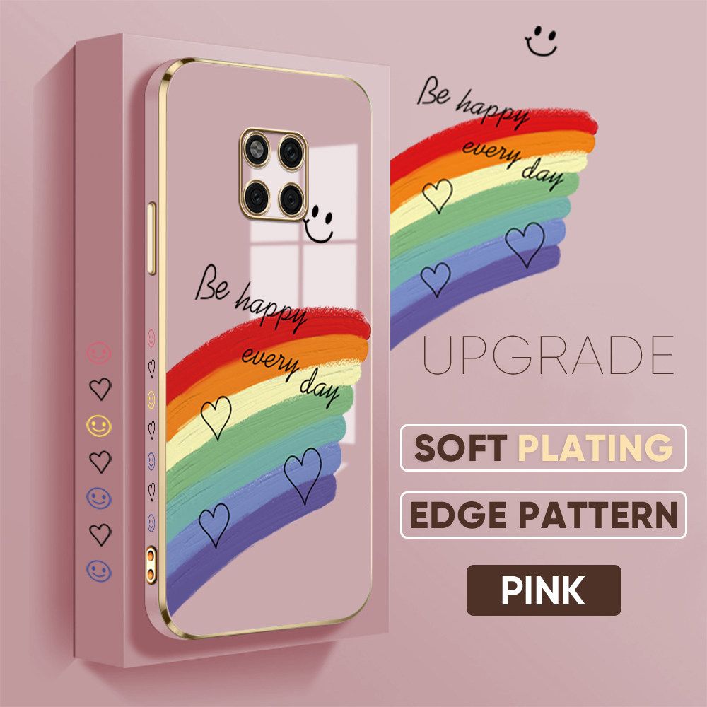 TA for Huawei Mate 20 Pro Back Cover + Free Lanyard Rainbow Doodle Luxury 6D Plating Case Side Pattern Soft Silicone Square Phone Cases
