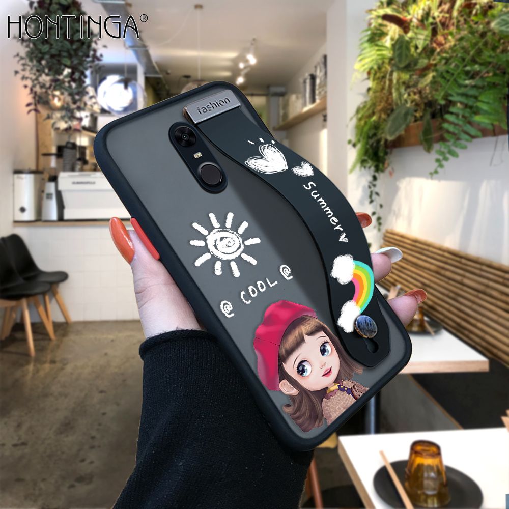 Hontinga for Redmi 5 Plus Back Cover With Wristband Cute Red Hood Girl Phone Casee Full Lens Protection Thin Frosted Cases