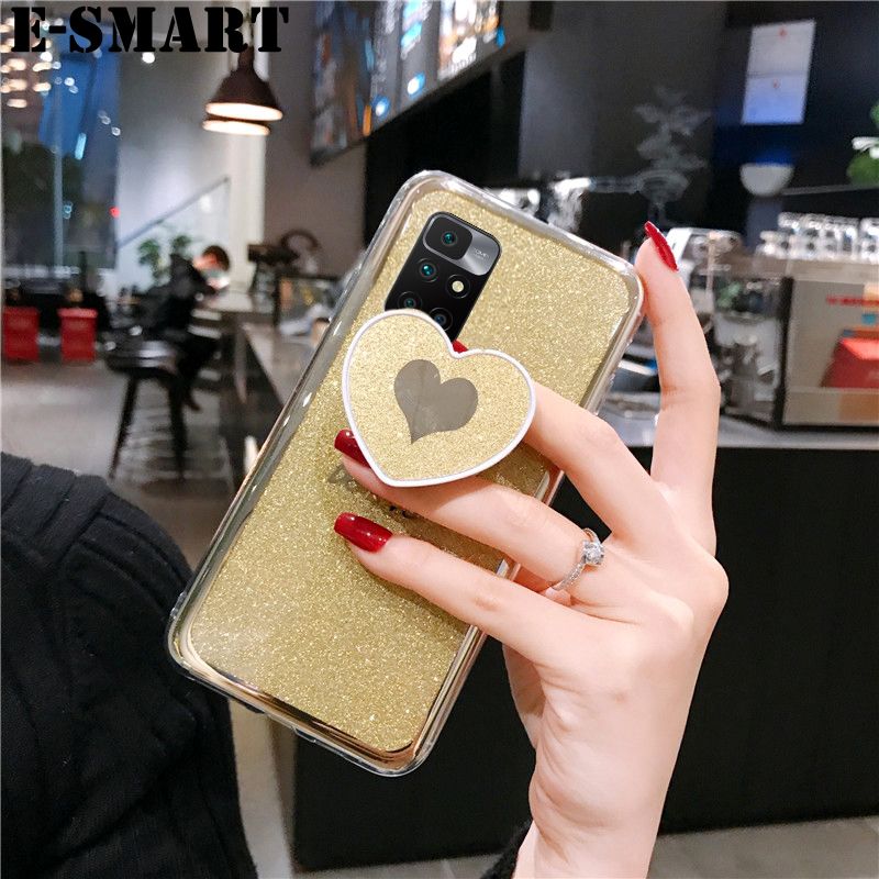 For Redmi 10 Case Fashion Couple Cases Bling Gold Glitter Loved Bracket Holder Stand Ring Soft Protector Cover Redmi 10 Back Cover