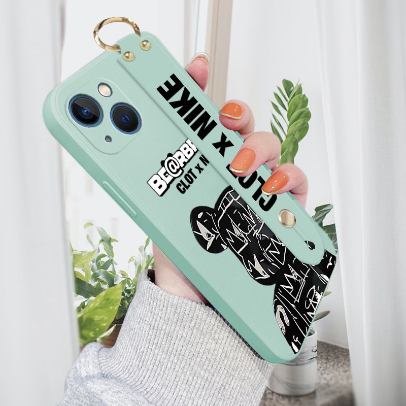 Jizetin for iPhone 13 Wrist Strap Case Creative Cartoon Black Stitching Bear Cover Ultra Thin Anti Fall Liquid Silicone Phone Case