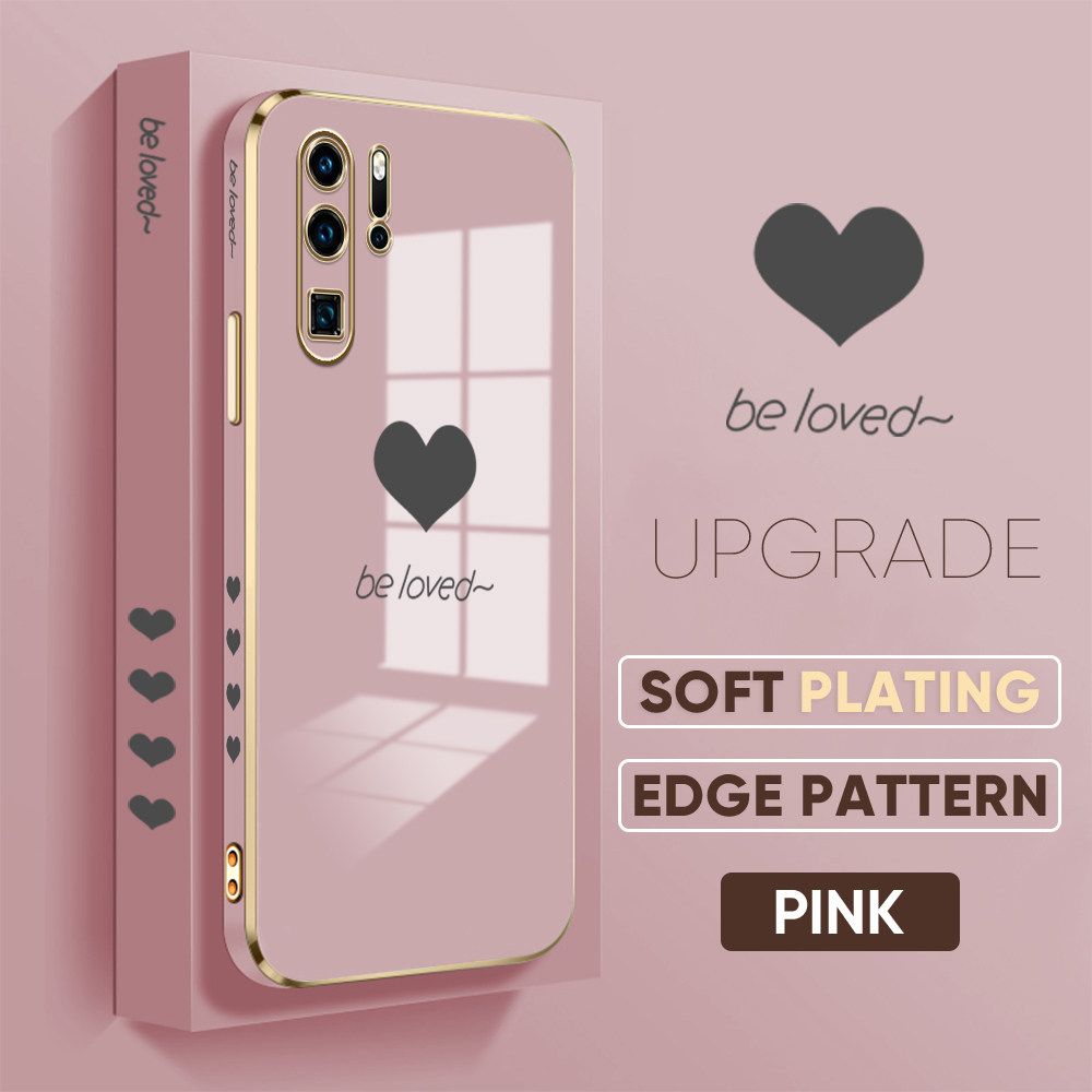 Jizetin (Free Lanyard) Huawei P30 Pro Luxury 6D Plating Soft Casing Silicone Square Frame Phone Case Shiny Bling Back Cover New Lover Heart New design Side Drawing Case