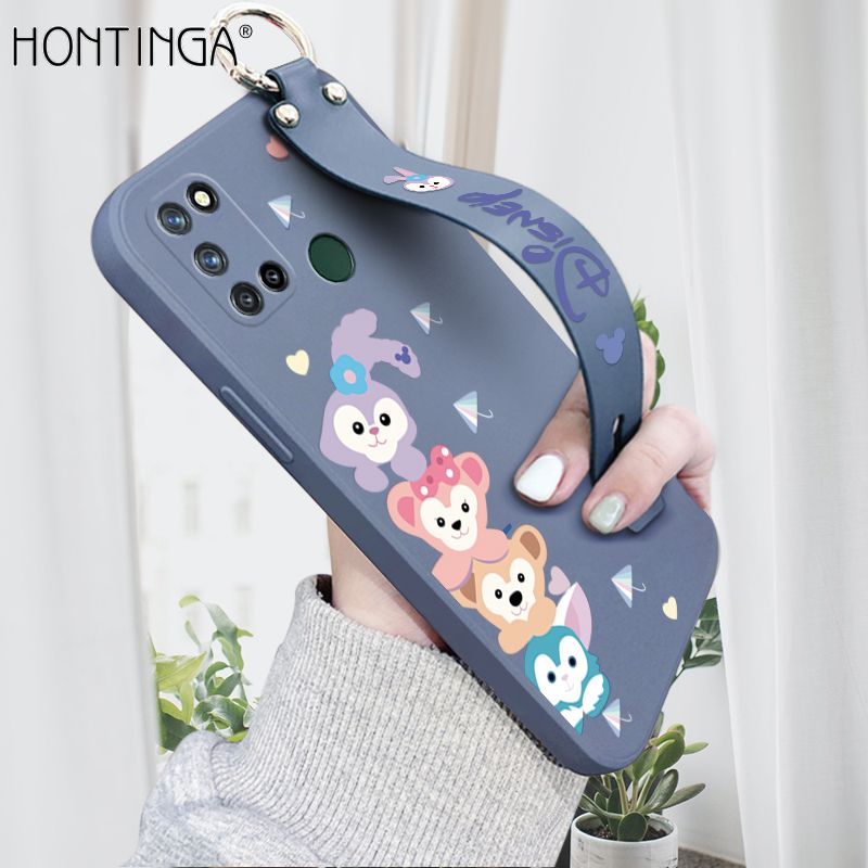 Hontinga for Realme 7I C17 Wrist Strap Case INS Cute Style Creative Cartoon Rabbit and Fox Cover Thin Square Edge Liquid Silicone Phone Case