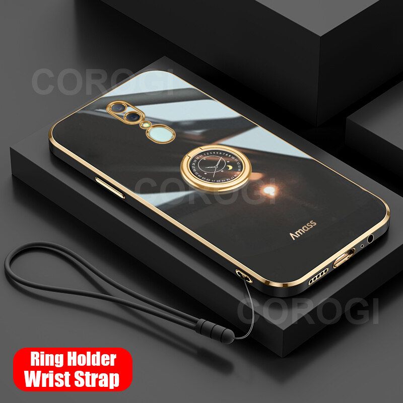 For OPPO F11 Back Cover with Ring Holder Stand + Wrist Strap Shiny Plating Square Bumper Protective Case Soft Silicone Shockproof Mobile Phone Cases