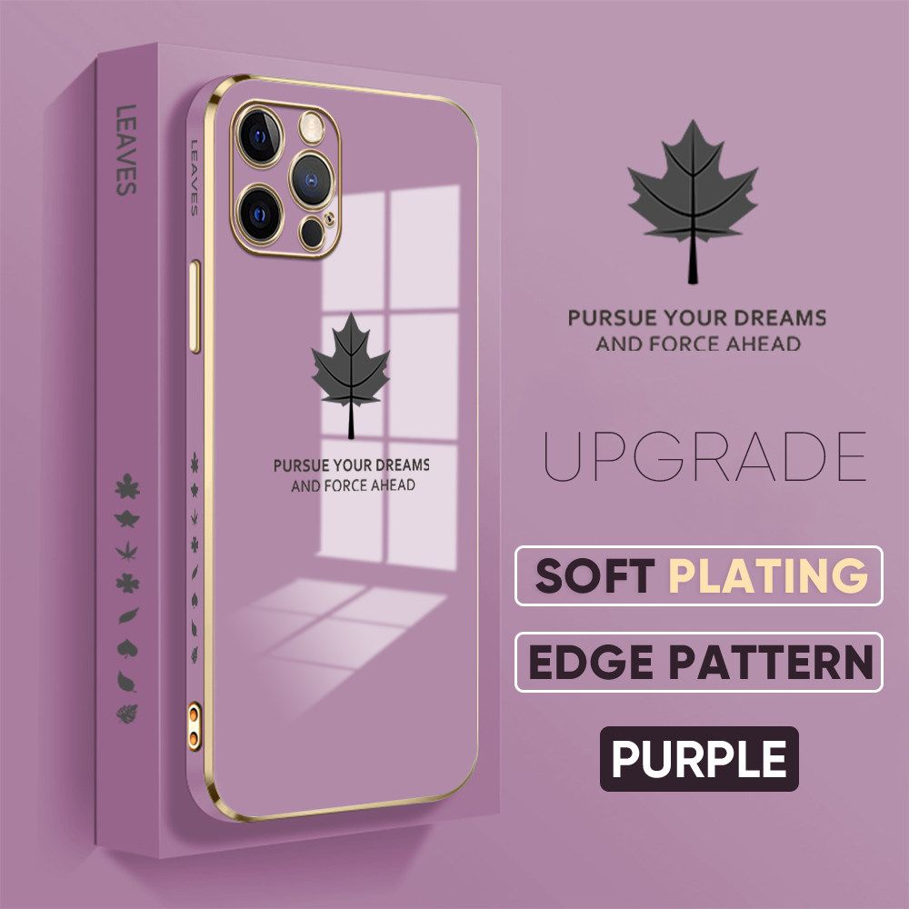 Jizetin (Free Lanyard) iPhone 12 Pro Max Luxury 6D Plating Soft Casing Silicone Square Frame Phone Case Shiny Bling Back Cover Maple leaf New design Side Drawing Case