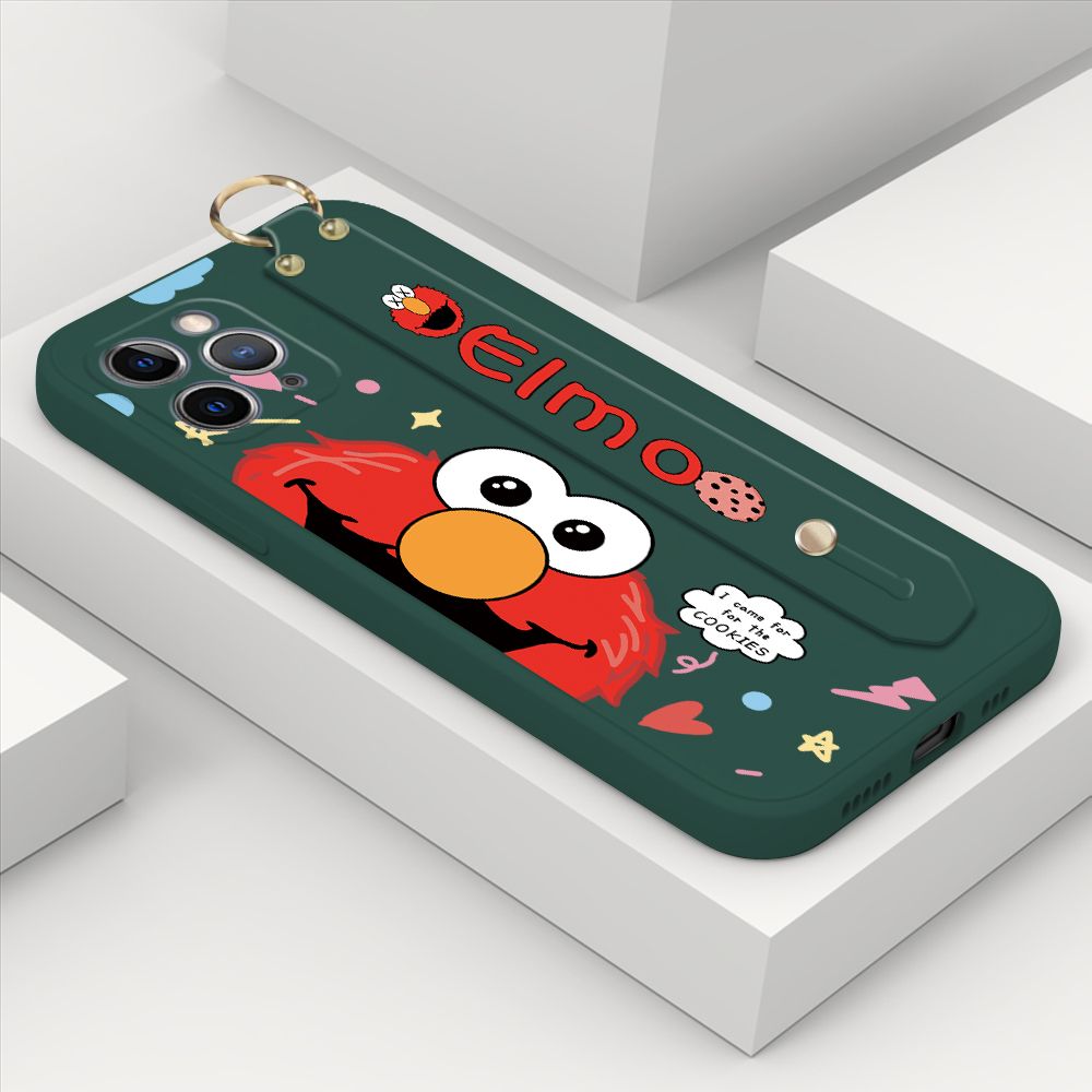 ZeroQiQi for iPhone 11 Pro Max Wrist Strap Case Cute Cute Cartoon Little Monster Phone Cover Square Edge Liquid Silicone Case Full Cover Camera Shockproof Protective Cases