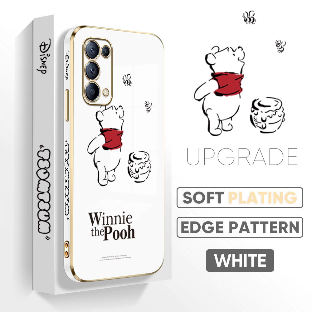 Jizetin (Free Lanyard) OPPO Reno5 / Reno5 5G / Reno5 4G Back Cover Honeypot Pooh Luxury 6D Plating Case Side Pattern Soft Silicone Square Mobile Phone Cases