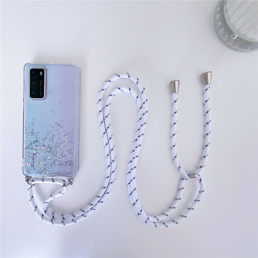 Glitter Bling Sequins Case For Huawei P50 P40 Pro Plus P30 P20 P10 Mate 40 30 20 Lite 20X 10 Crossbody Lanyard Strap Rope Cover-Case & Strap