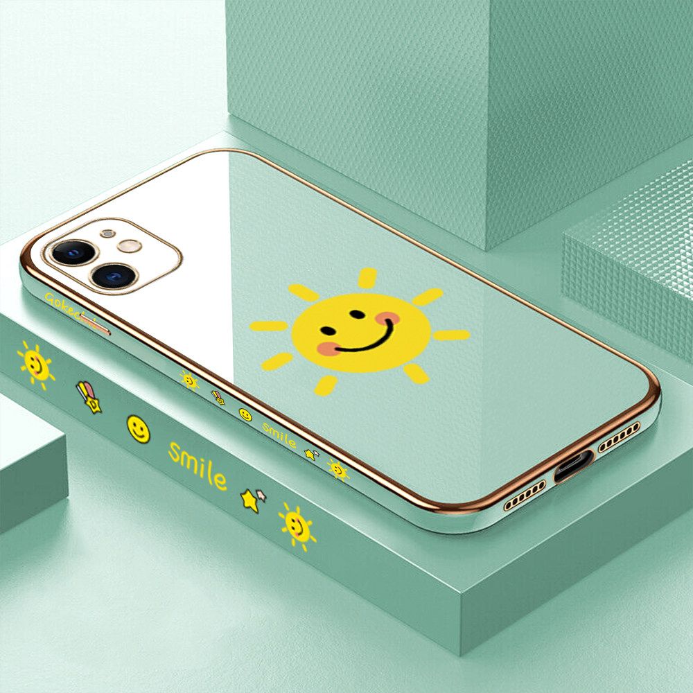 ZeroQiQi for iPhone 11 Back Cover Smiling Sun Luxury 6D Plating Case Side Pattern Soft Silicone Square Phone Cases + Free Lanyard