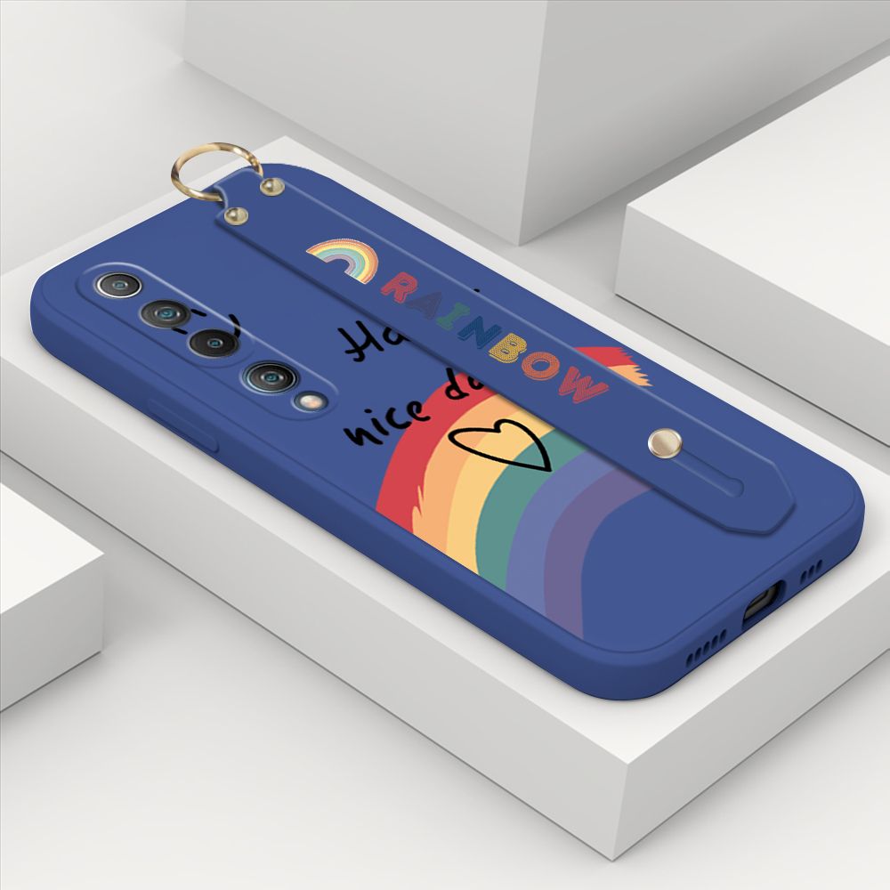 ZeroQiQi for Xiaomi Mi 10 Wrist Strap Case Lovely Graffiti Rainbow Smile Thin Phone Cover Square Edge Liquid Silicone Creativity Phone Case