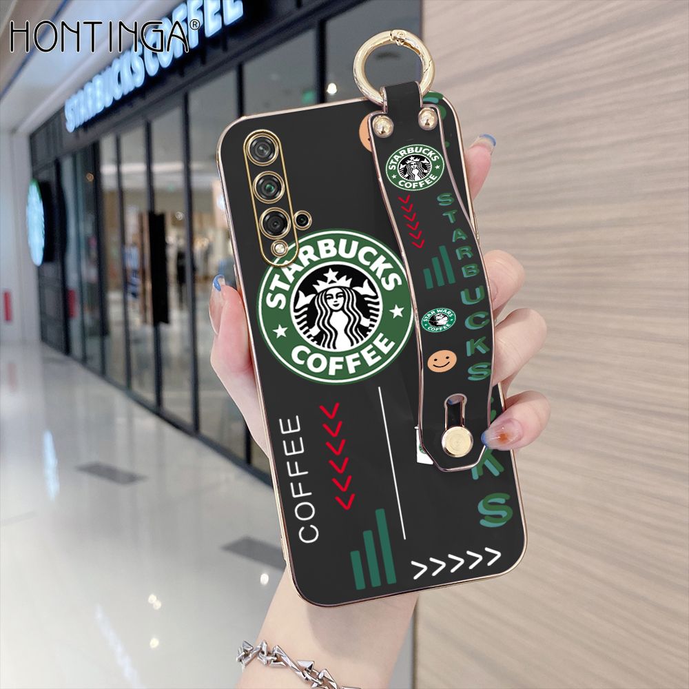 Hontinga for Honor 20 / Huawei Nova 5T Back Cover With Wristband Luxury 6D Plating Coffee Sign Case Soft Silicone Square Phone Cases