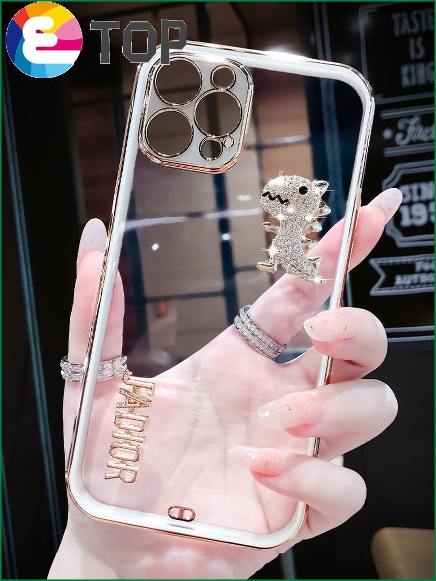 Suitable for Apple 13 mobile phone shell 12promax transparent soft silicone shell 12pro personality creative rhinestone dinosaur tide