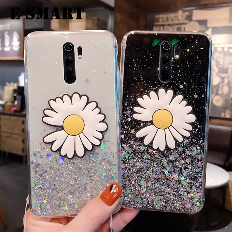 Phone Case Redmi 9 Transparent Bling Glitter Cases Soft Clear Shining Sequin Back Cover with Daisy Flowers Folding Xiaomi Redmi 9 Case