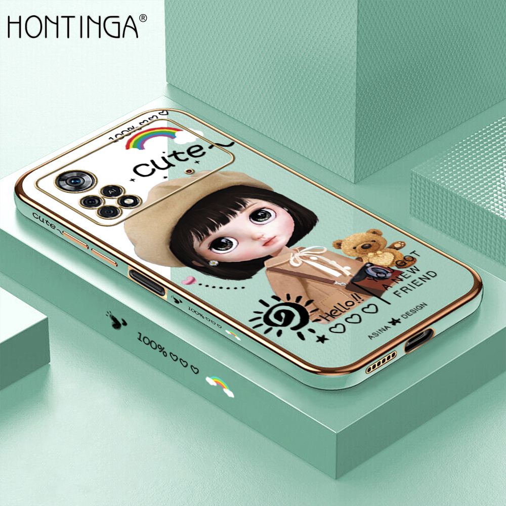 Hontinga for Xiaomi Poco X4 Pro 5G Back Cover + Free Lanyard Luxury 6D Plating Cartoon Satchel Girl Side Pattern Case Soft Silicone Square Phone Cases