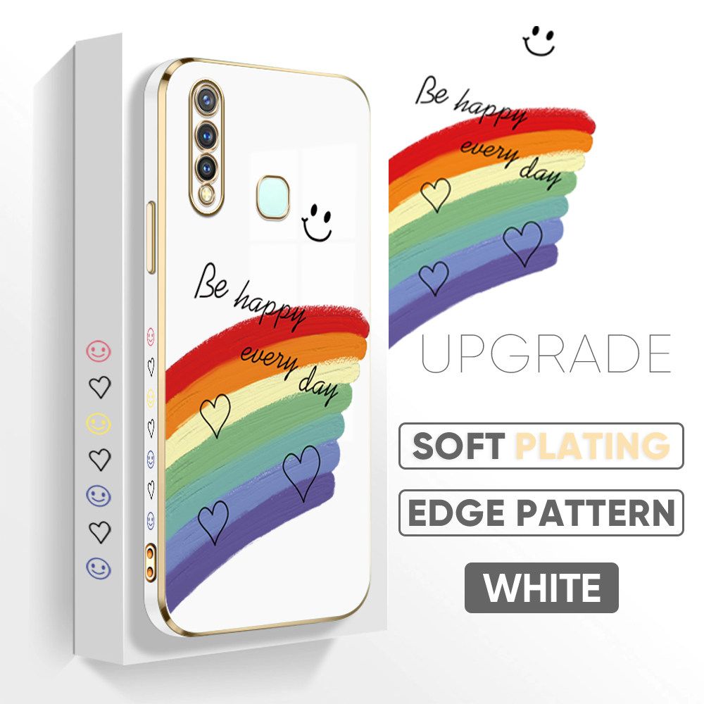 TA for Vivo Y19 Back Cover + Free Lanyard Rainbow Doodle Luxury 6D Plating Case Side Pattern Soft Silicone Square Phone Cases