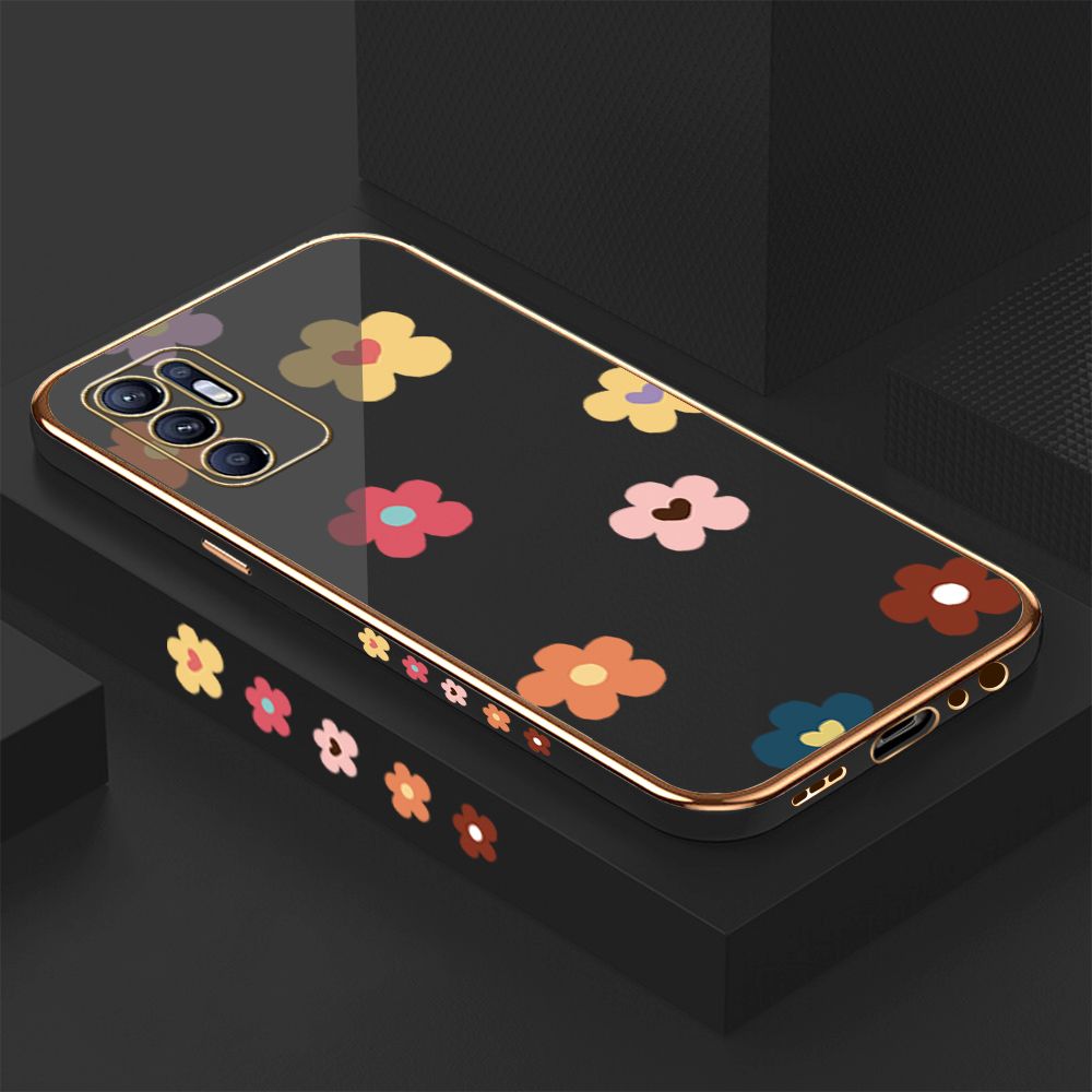Luxury 6D Plating Case for OPPO Reno6 Color Cartoon Flowers Side Pattern Back Cover Soft Silicone Square Phone Cases + Free Lanyard
