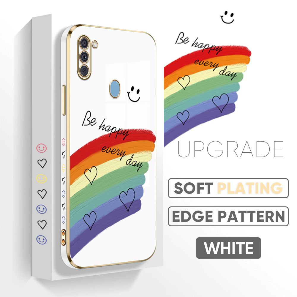 TA for Samsung Galaxy A11 M11 Back Cover + Free Lanyard Rainbow Doodle Luxury 6D Plating Case Side Pattern Soft Silicone Square Phone Cases
