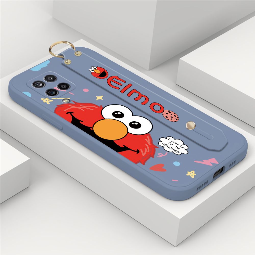 ZeroQiQi for Samsung Galaxy M12 Wrist Strap Case Cute Cute Cartoon Little Monster Phone Cover Square Edge Liquid Silicone Case Full Cover Camera Shockproof Protective Cases