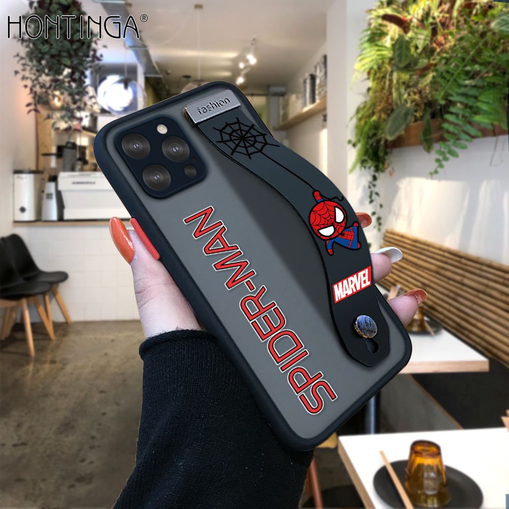 Hontinga for iPhone 12 Pro Back Cover With Wristband Cartoon Spiderman Phone Casee Full Lens Protection Thin Frosted Cases