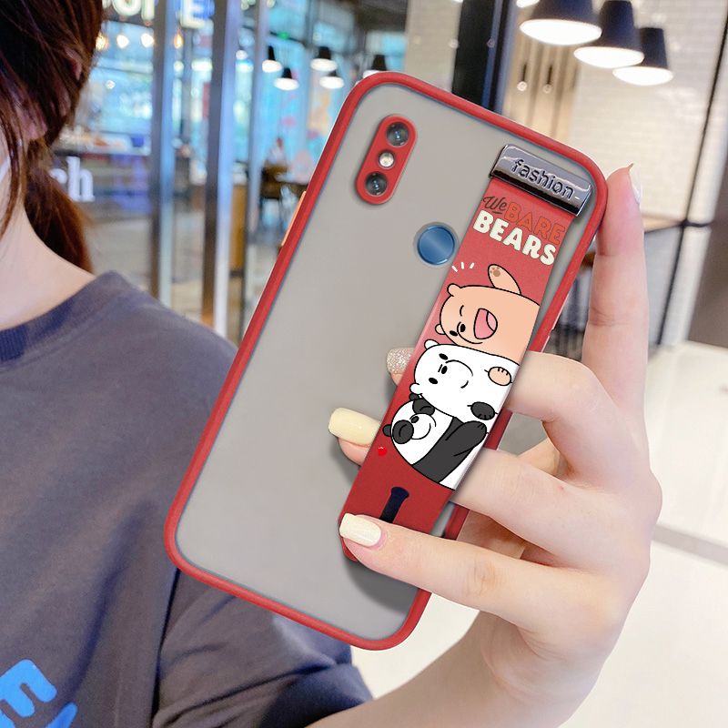 UCUC for Xiaomi Mi 8 Wrist Strap Case Cute Cartoon Three Little Bears Wristband Printing Cover Shockproof Frosted Phone Case