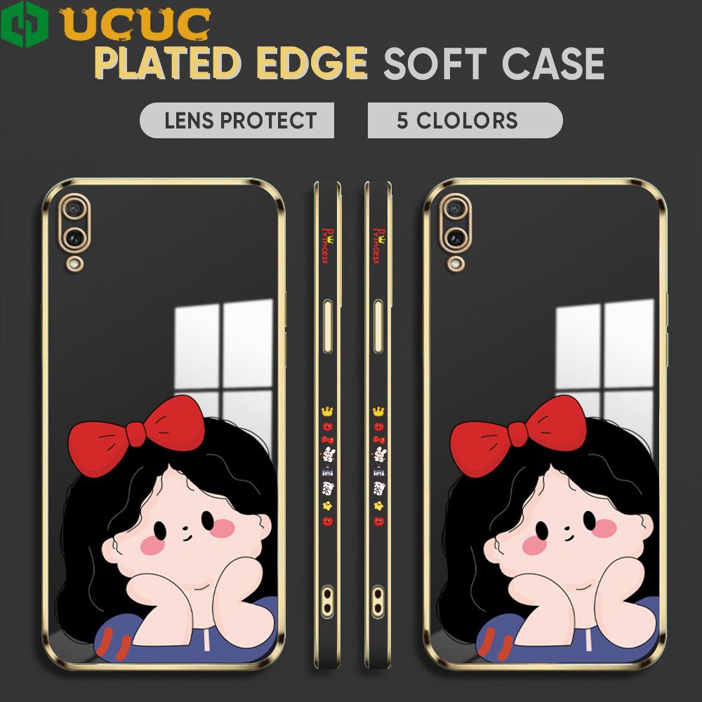 UCUC for Honor Y7 Pro 2019 Back Cover + Free Lanyard Cute Gir Luxury 6D Plating Case Side Pattern Soft Silicone Square Phone Cases