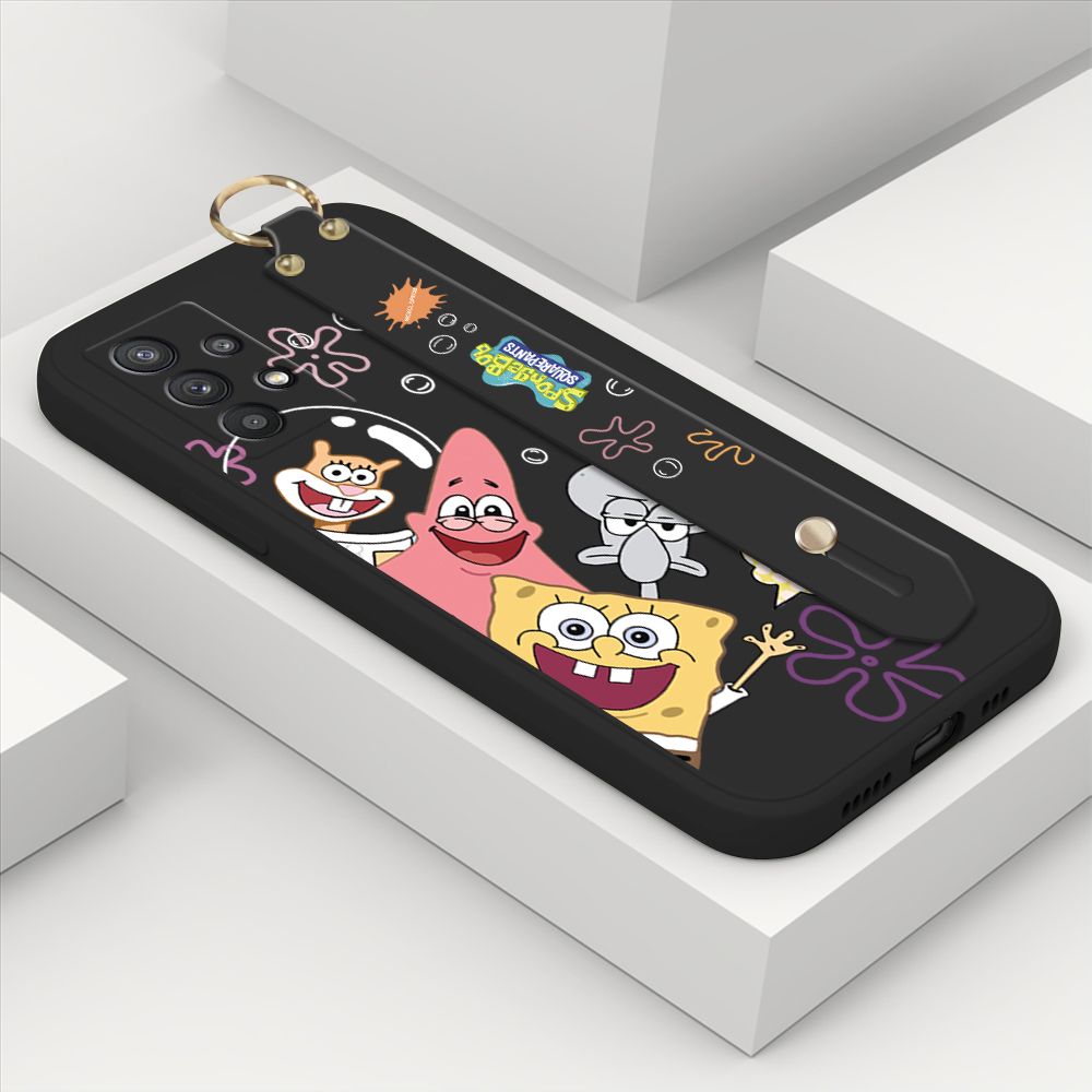 ZeroQiQi for Samsung Galaxy A32 5G Wrist Strap Case Cute Cute Funny Cartoon Sponge for Square Pants Cover Square Edge Liquid Silicone Anti-drop Phone Case