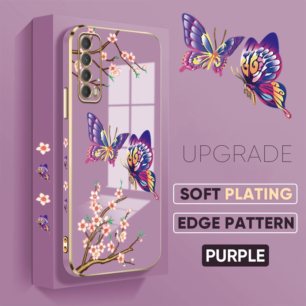 Jizetin (Free Lanyard) Huawei Y7A Back Cover Peach Blossom and Butterfly Luxury 6D Plating Case Side Pattern Soft Silicone Square Mobile Phone Cases
