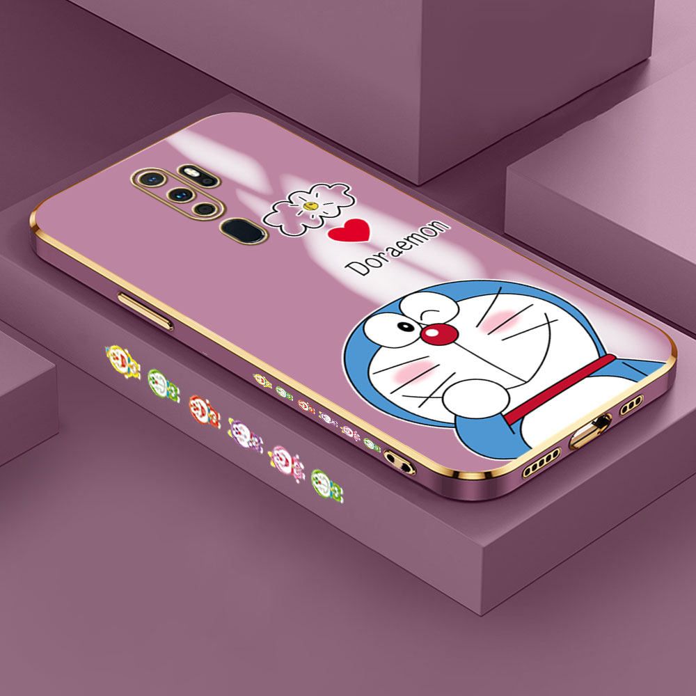 Hontinga for OPPO A5 2020 / A9 2020 Back Cover + Free Lanyard Luxury 6D Plating Grinning Cartoon Cat Side Pattern Case Soft Silicone Square Mobile Cover