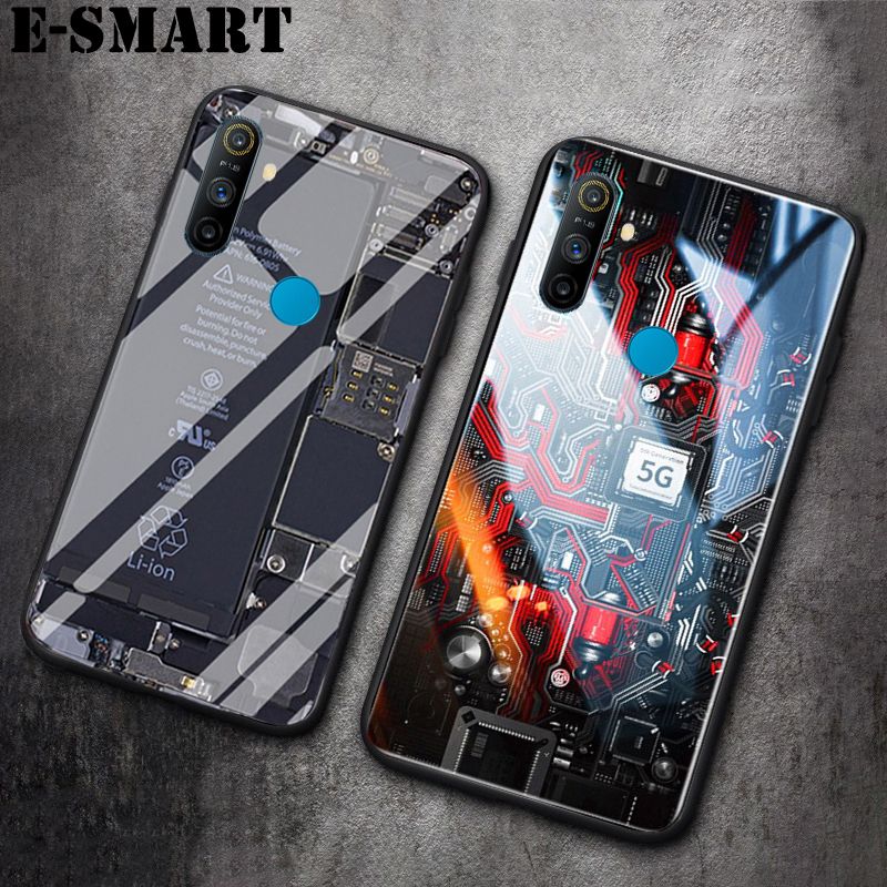 For Realme C3 Back Cover Explorer Version Theme Case Tempered Glass Protector Case for RealmeC3 Case Clear Circuit Board Design Full Coverage Phone cases