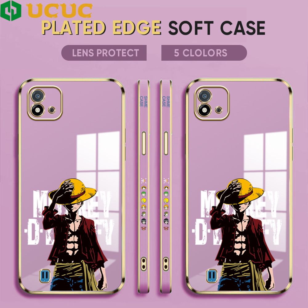 UCUC for Realme C11 2021 Cover Holding Cap Luffy Luxury 6D Plating Soft Casing Silicone Square Frame Phone Case Shiny Bling Back Cover + Free Lanyard