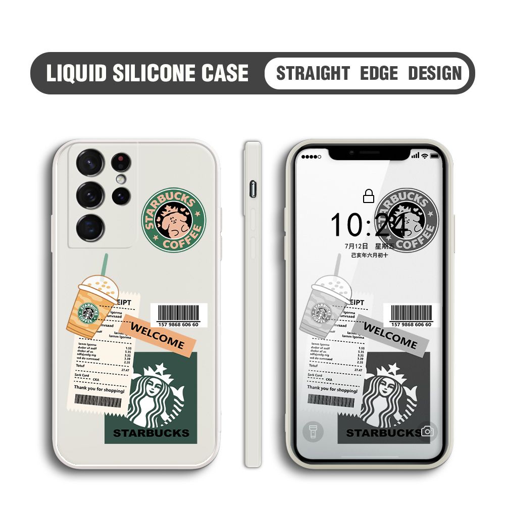BILI for Samsung Galaxy S21 Ultra 5G Back Cover Creative Coffee Order Receipt Multicolor Liquid Silicone Phone Case Soft Square Lens Protection Phone Cases