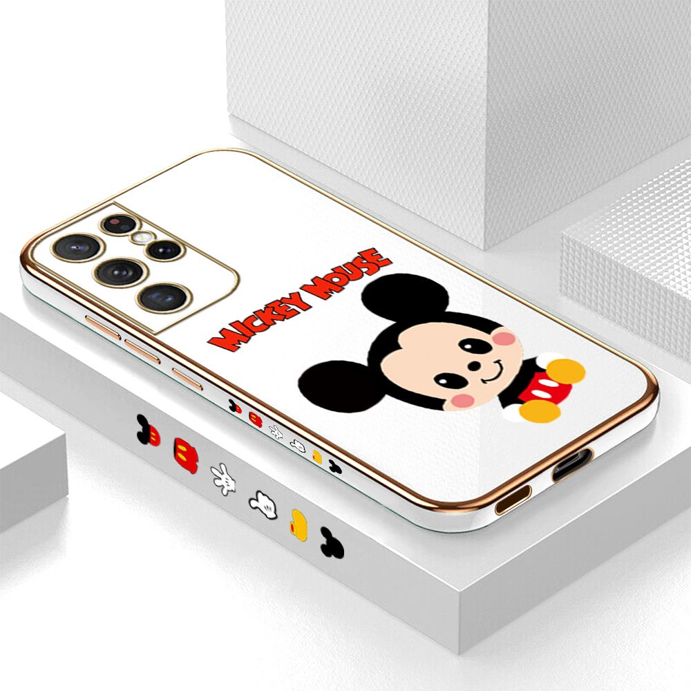 Luxury 6D Plating Case for Samsung S21 Ultra 5G Cute Cartoon Mouse Side Pattern Back Cover Soft Silicone Square Frame Shiny Bling Phone Cases + Free Lanyard