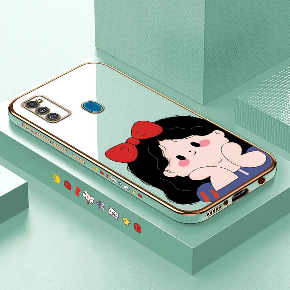 Luxury 6D Plating Case for Samsung M21 M30S Cartoon Bow Girl Side Pattern Back Cover Soft Silicone Square Phone Cases + Free Lanyard
