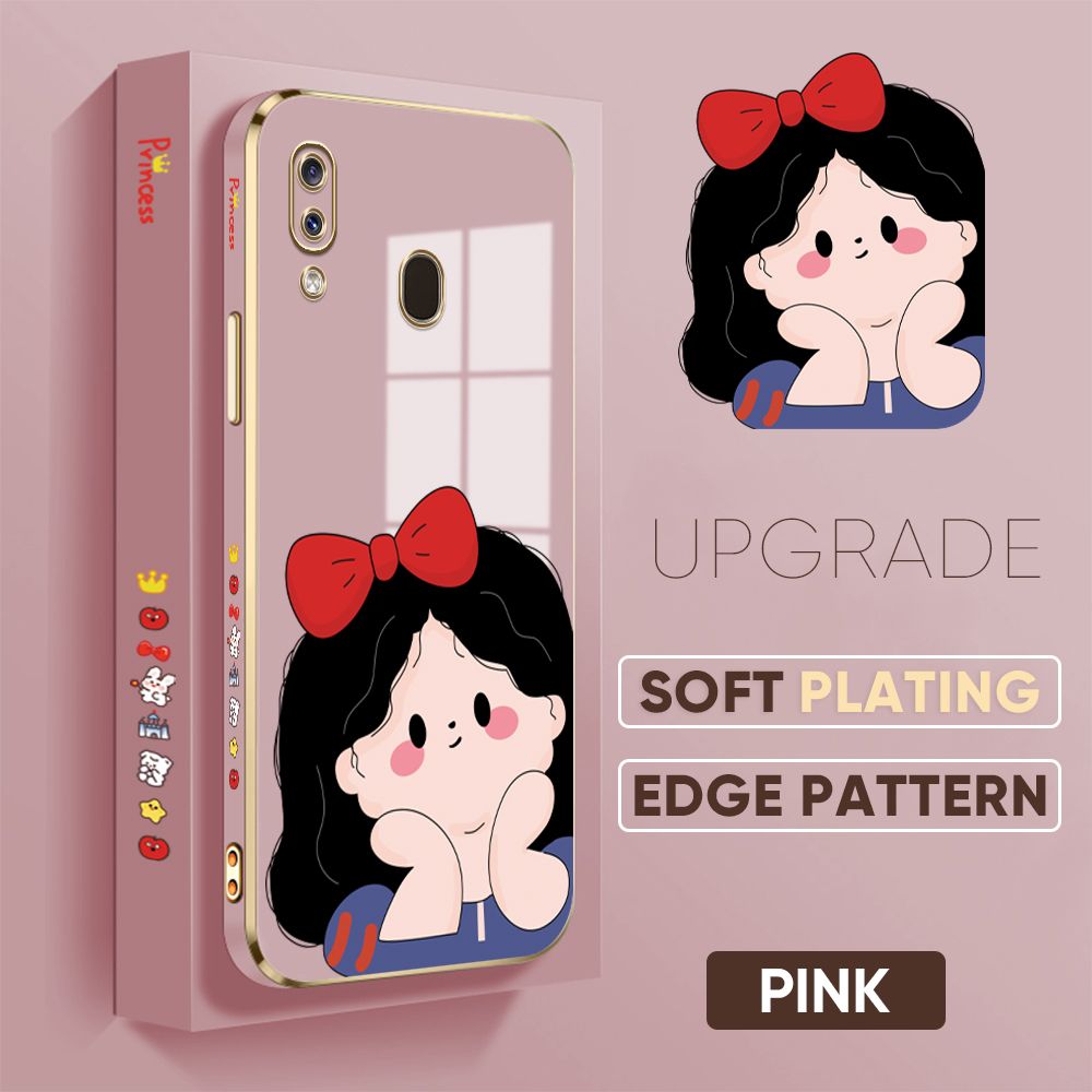 Jizetin (Free Lanyard) Samsung A20 A30 Back Cover Cute Princess Luxury 6D Plating Case Side Pattern Soft Silicone Square Phone Cases