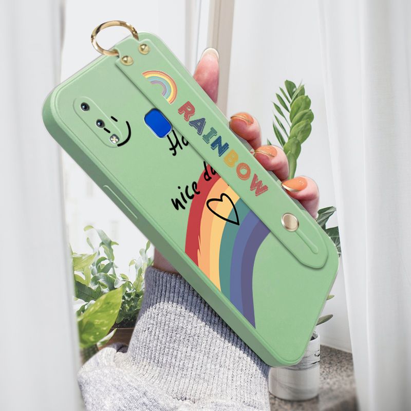 Jizetin for Vivo Y91 / Y95 Wrist Strap Case INS Style Smile Rainbow Cover Ultra Thin Anti Fall Liquid Silicone Phone Case