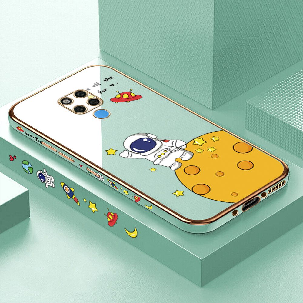 Luxury 6D Plating Case for Huawei Mate 20 X Cute Cartoon Happy Astronaut Side Pattern Back Cover Soft Silicone Square Frame Shiny Bling Phone Cases + Free Lanyard