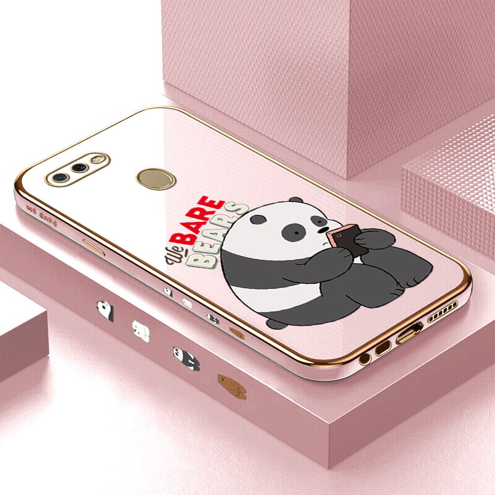 Luxury 6D Plating Case for OPPO A12 Cartoon Panda Side Pattern Back Cover Soft Silicone Square Frame Shiny Bling Phone Cases + Free Lanyard