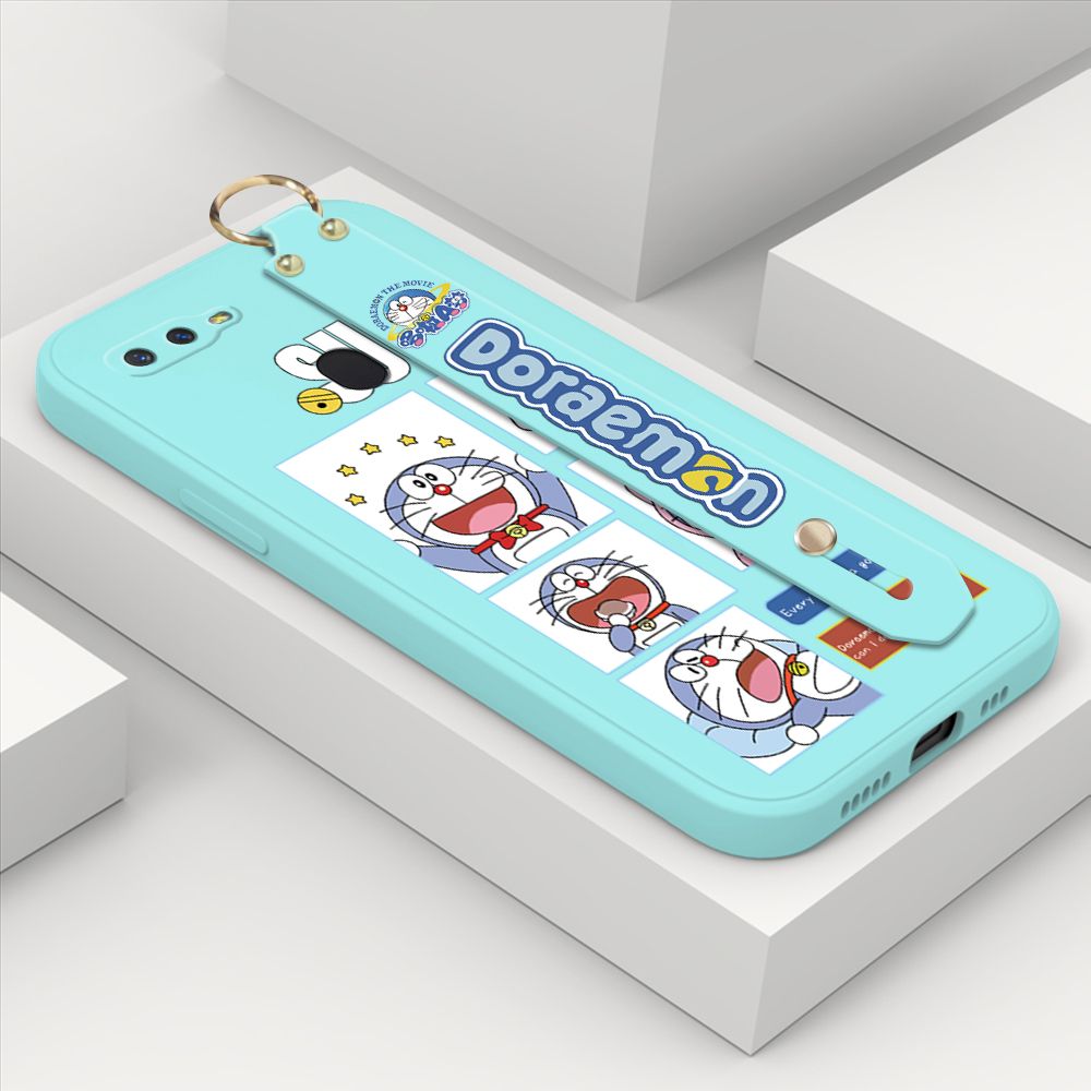 ZeroQiQi for OPPO F9 Wrist Strap Case Cute Cute Cartoon Blue Cat Daily Life Cover Square Edge Liquid Silicone Creative Phone Protective Cases