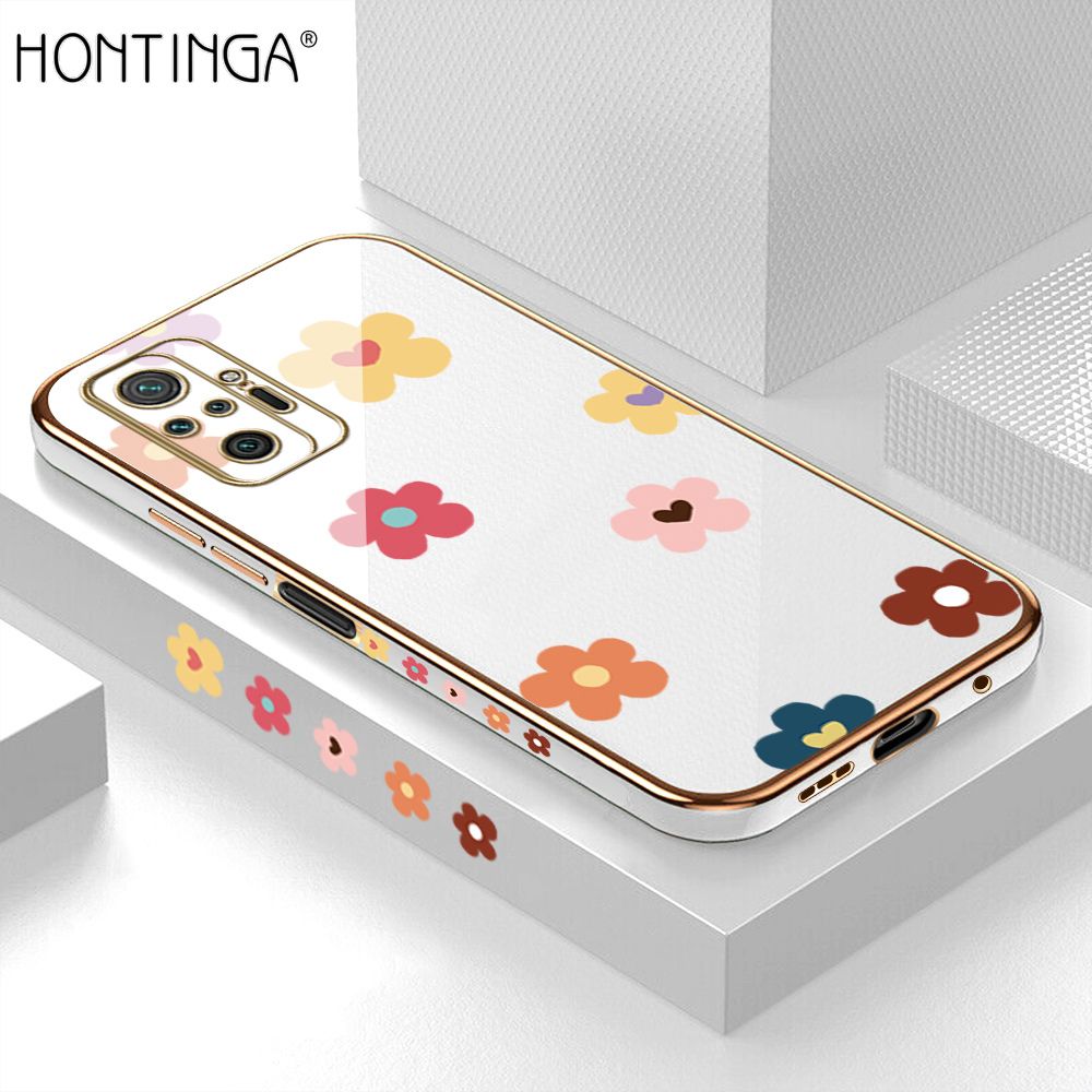 Hontinga for Redmi Note 10 Pro / Note 10 Pro Max Back Cover + Free Lanyard Luxury 6D Plating Falling Flower Side Pattern Case Soft Silicone Square Phone Cases