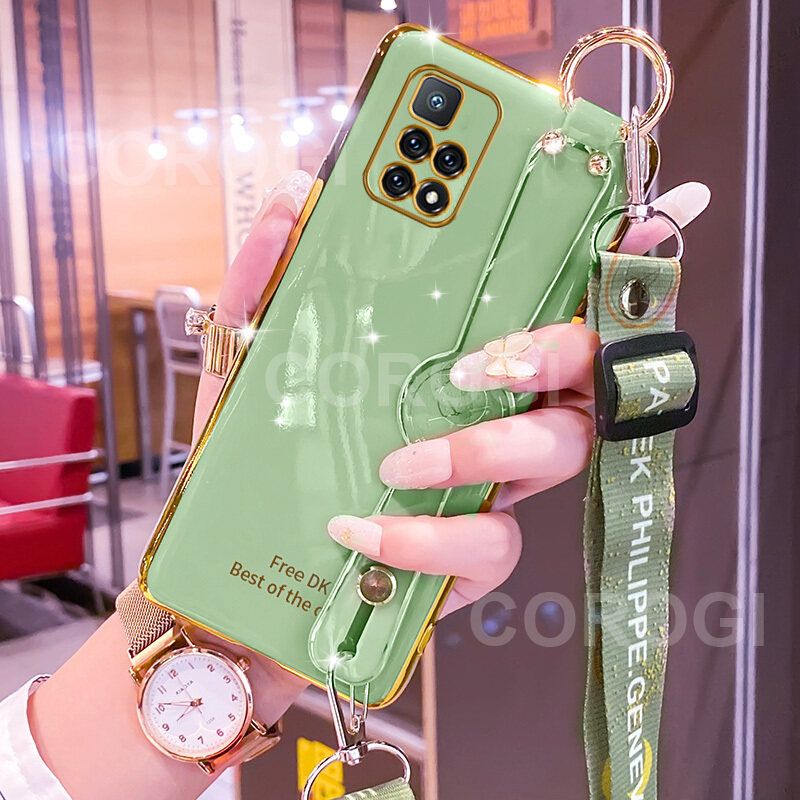 For Xiaomi POCO M4 Pro 5G (6.5") Cover with [Lanyard + Wrist Strap Stand Holder] Ultra Thin Plating Bumper Phone Case Camera Lens Protection Soft TPU Silicone Shockproof Protective Back Cover