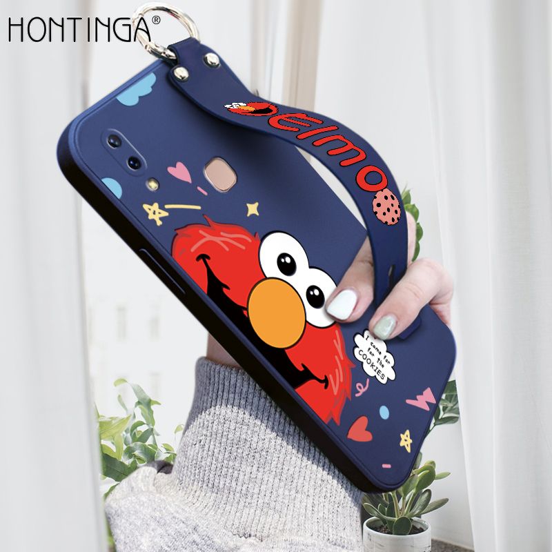 Hontinga for Vivo V9 Wrist Strap Case Cute Cute Cartoon Little Monster Cover Trend Square Printed Pattern Liquid Silicone Phone Case