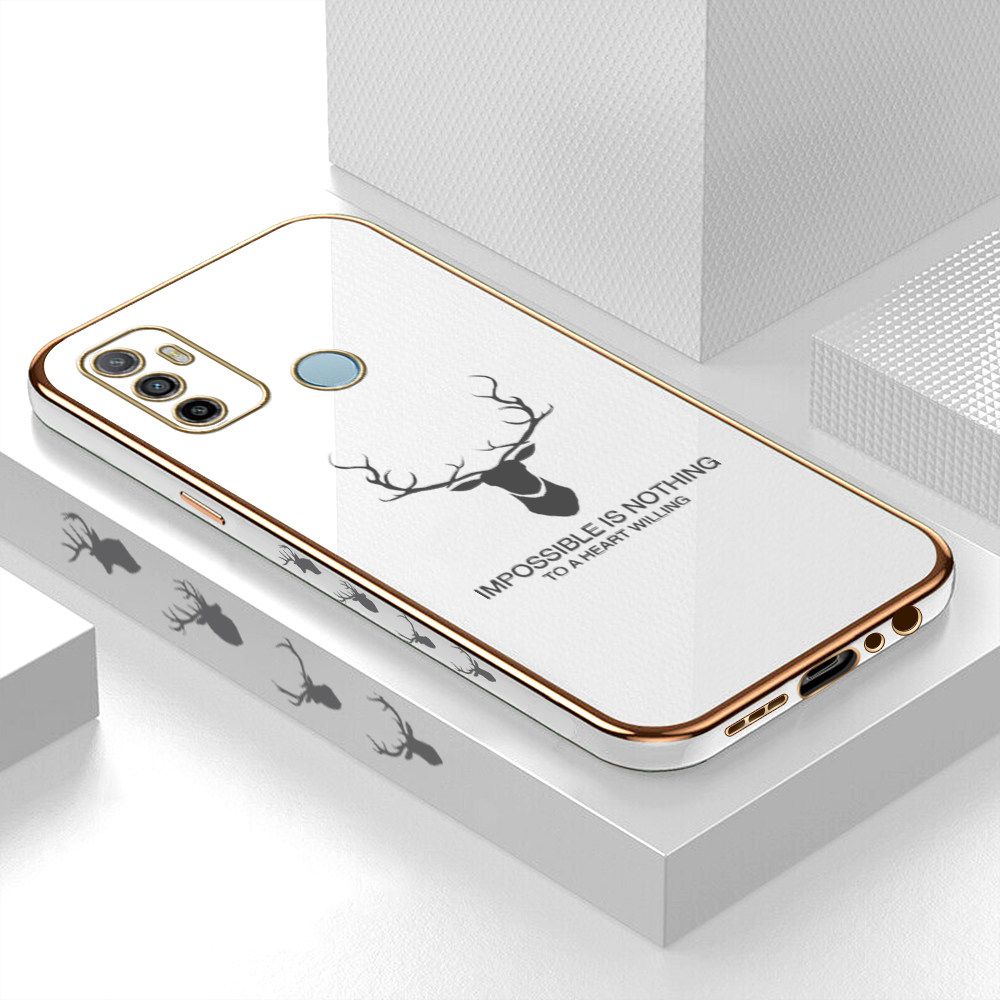 Luxury 6D Plating Case for OPPO A33 2020 Alphabet Lucky Deer Side Pattern Back Cover Soft Silicone Square Frame Shiny Bling Phone Cases + Free Lanyard