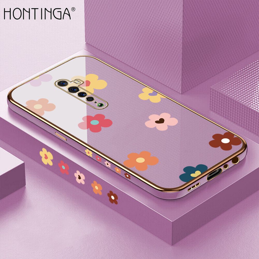 Hontinga for OPPO Reno 2 Back Cover + Free Lanyard Luxury 6D Plating Falling Flower Side Pattern Case Soft Silicone Square Mobile Cover