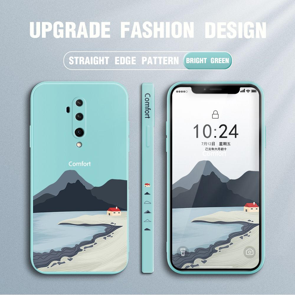 Jizetin for OnePlus 7T Pro Case Mount Fuji Design Side Design Phone Case Square Edge Pattern Liquid Silicone Cases Full Cover Camera Shockproof Protective Case
