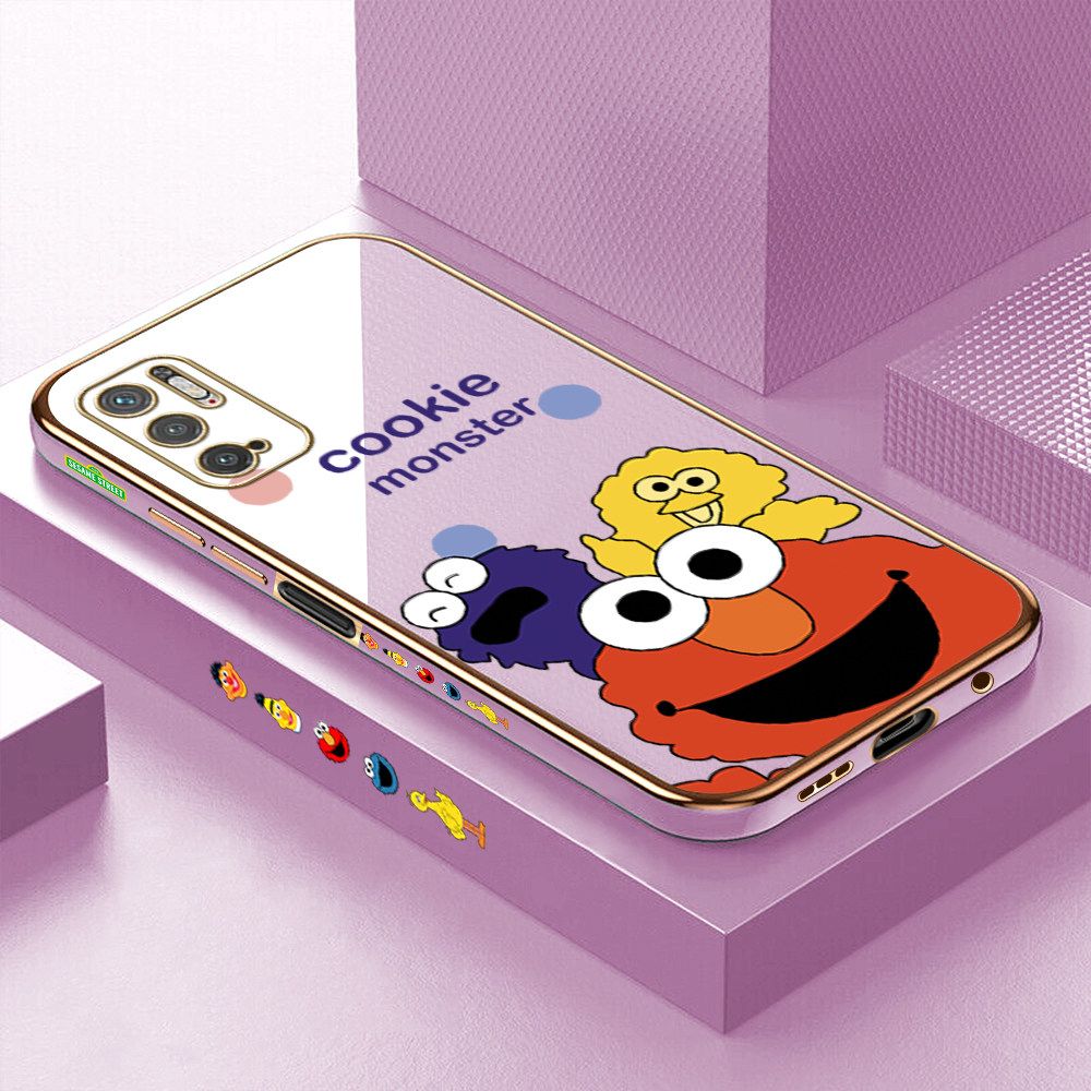Luxury 6D Plating Case for Xiaomi Poco M3 Pro Color Cute Cartoon Sesame Monsters Side Pattern Back Cover Soft Silicone Square Frame Shiny Bling Phone Cases + Free Lanyard
